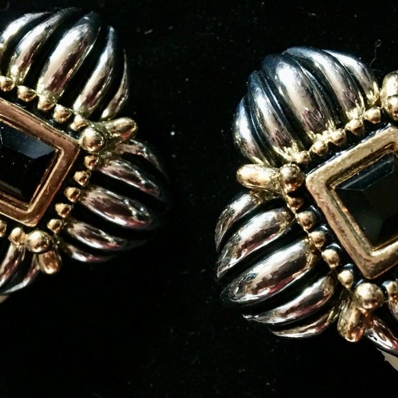 Vintage Retro 80's Designer Clip-On Earrings Silver Gold Gemstone Women's Chunky - Picture 12 of 12